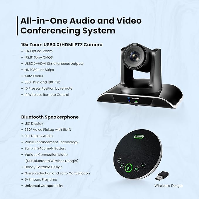 TONGVEO 10x Zoom Conference Room Video Camera System, All-in-One HD 1080P 60fps