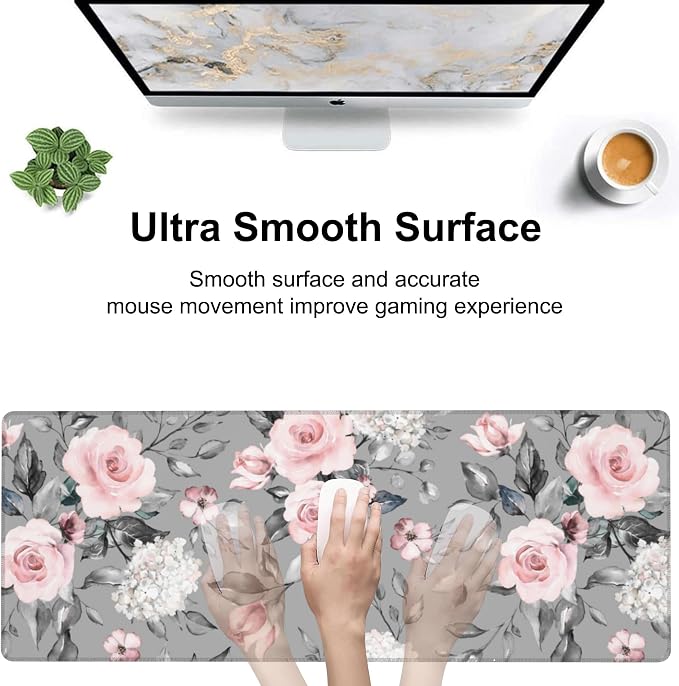 Pink Roses Desk Mat, Large Spring Blooming Flowers and Leaves Gaming Keyboard