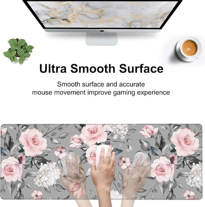 Pink Roses Desk Mat, Large Spring Blooming Flowers and Leaves Gaming Keyboard