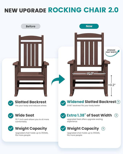 SERWALL Oversized Outdoor Rocking Chair, All-Weather Patio Rocking Chair, HDPE Porch Rocker for Adults, Coffee