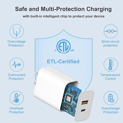 USB C Wall Charger, Dual Port 10FT iPhone Charger 20W PD+QC3.0 Power Adapter