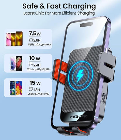 Wireless Car Charger, MOKPR 15W Fast Charging Auto-Clamping Car Mount