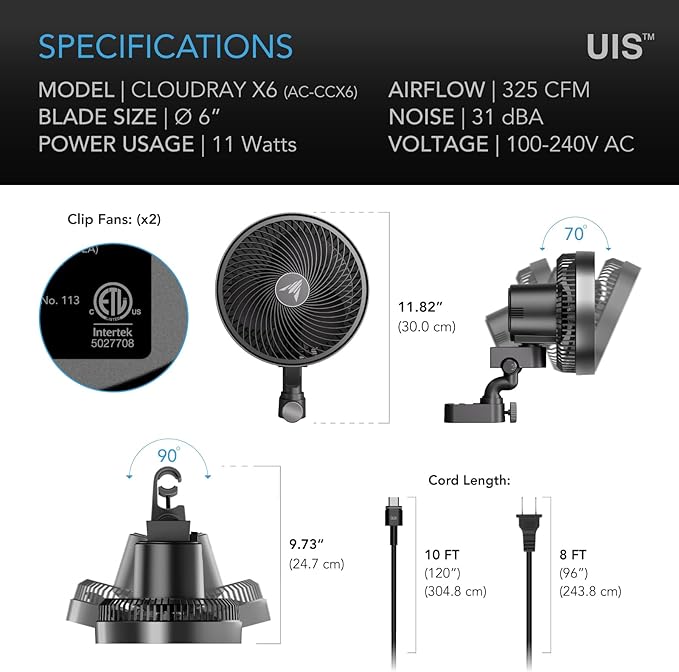 AC Infinity CLOUDRAY S6 2-Pack, Grow Tent Clip Fan 6”