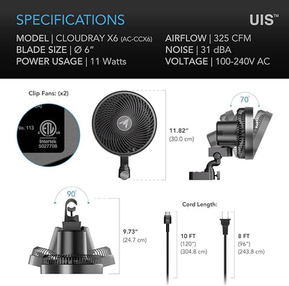 AC Infinity CLOUDRAY S6 2-Pack, Grow Tent Clip Fan 6”