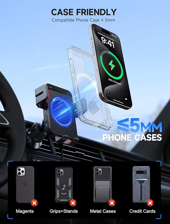 MOKPR Wireless Car Charger, 15W Auto Clamping Car Charger Dash Windshield Air