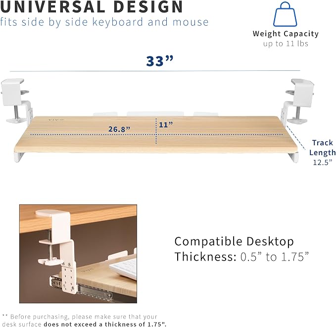VIVO Large Height Adjustable Under Desk Keyboard Tray, C-clamp Mount System