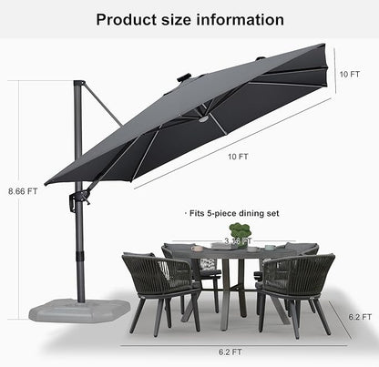 PURPLE LEAF 10 Feet Patio Umbrella with Base Outdoor Cantilever Solar Powered LED Square Umbrella Aluminum Offset Umbrella with 360-degree Rotation for Garden Deck Pool Patio Light Grey