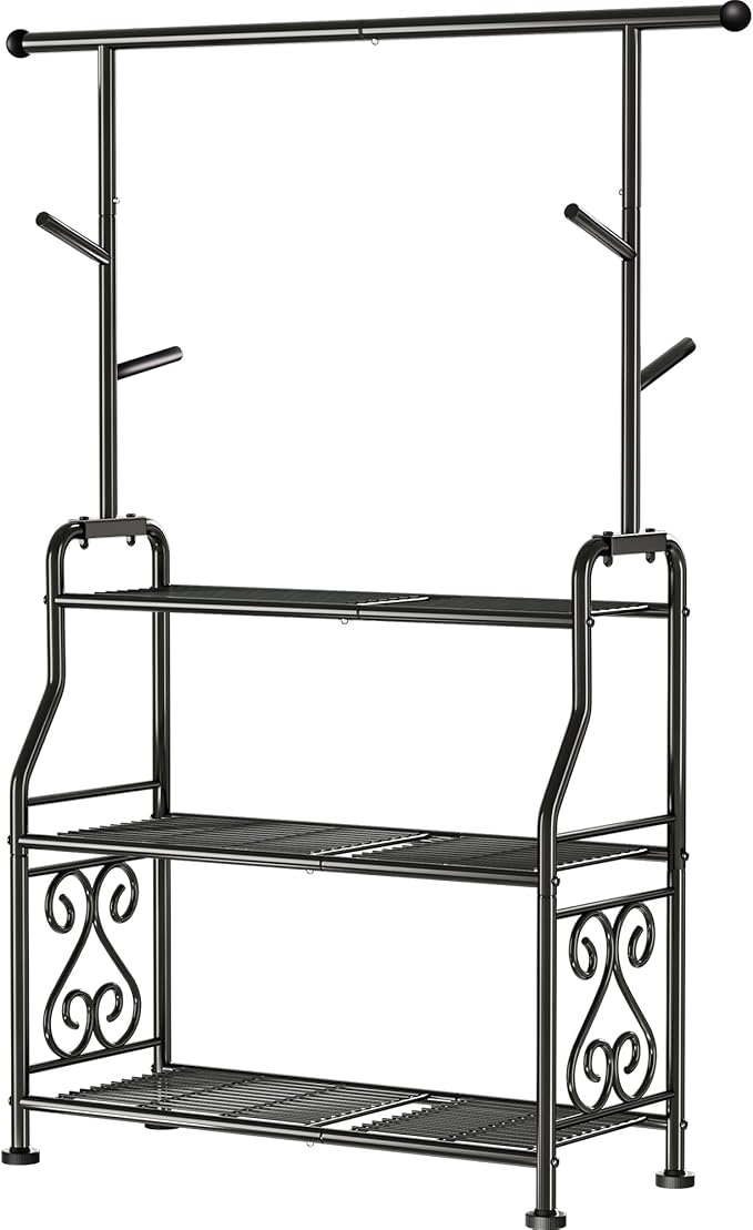 GIOTORENT Plant Stand Indoor, 3-Tier Heavy Duty Metal Shelf for Patio & Indoor, Tall Plant Holds 14+ Plants with 5 Hooks, Rust-Proof Plant Holder for Garden, Balcony, Living Room, Black