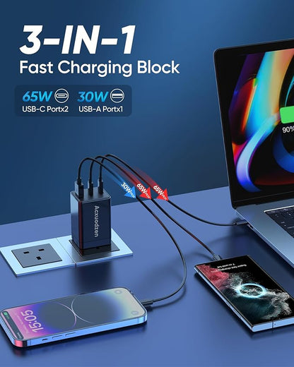 USB C Charger Block 160W, 3-Port GaN Super Fast Charger, Dual 65W Type C