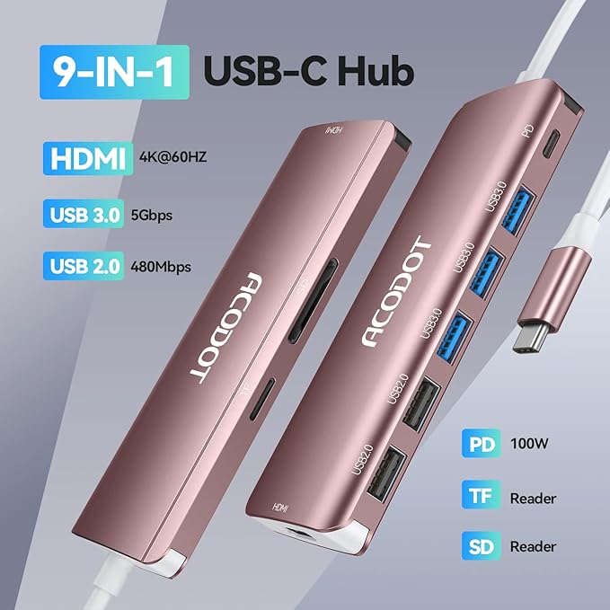 Acodot 9 in 1 USB C to 4K@60HZ HDMI Multiport Adapter, 3 USB 3.0 Ports
