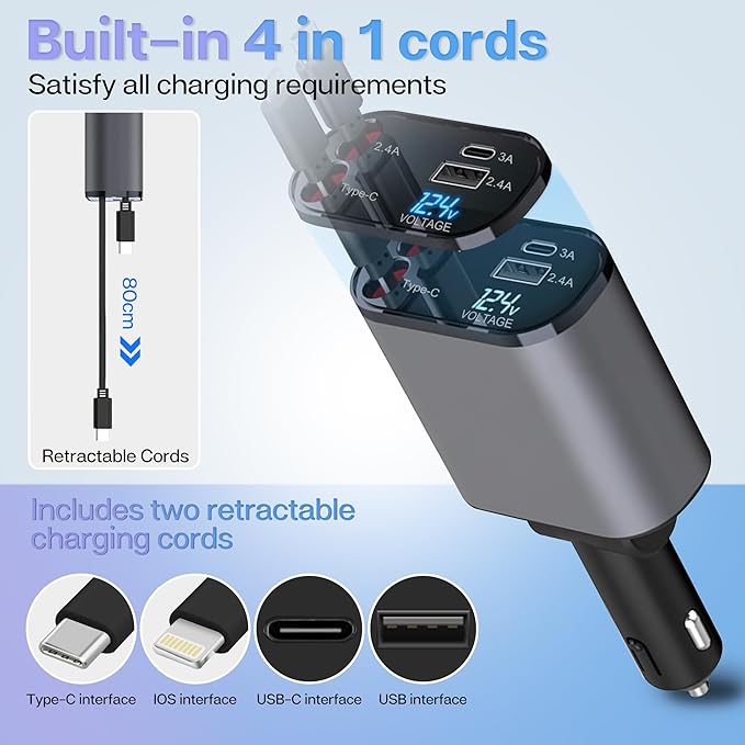Retractable Car Charger with 100W, 4 in 1 Car Fast Charger