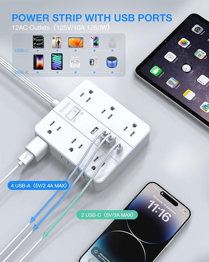 Surge Protector Power Strip 15 Ft Cord, HUNIAN Flat Plug Extension Cord