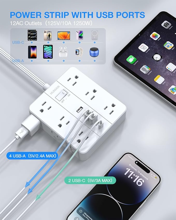 Extension Cord 25 Ft, HUNIAN Flat Plug Power Strip Surge Protector, 12 Widely