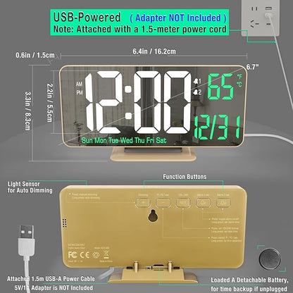 KOSUMOSU Desk Clock for Bedroom Accessories 6.7in Gold Digital Alarm Clock