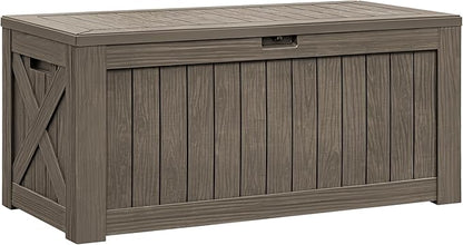 Flamaker Resin Deck Box 120 Gallon Waterproof Large Outdoor Indoor Storage Box Imitation Wood Resin for Patio Furniture Garden Tools and Pool (Brown)