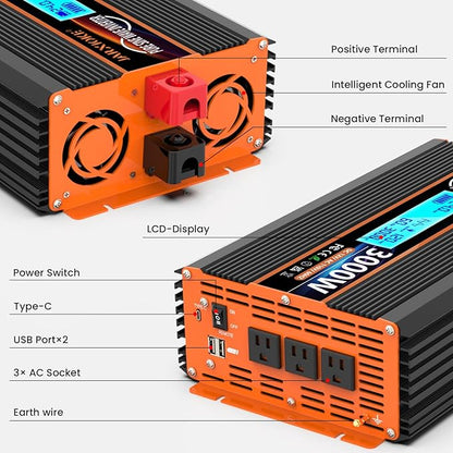 3000 Watt Pure Sine Wave Power Inverter 24V DC to 110V 120V Converter