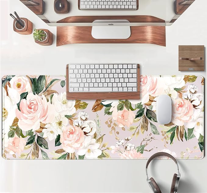 Pink Flowers Keyboard Pad PC Gaming Desk Mat Desk Mouse Pads Green Leaves
