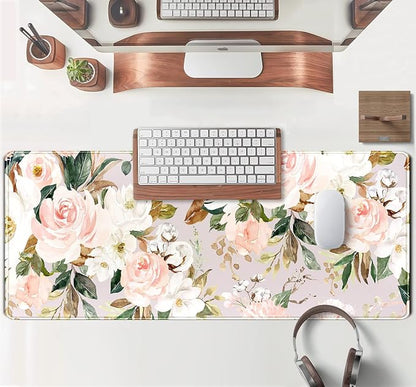 Pink Flowers Keyboard Pad PC Gaming Desk Mat Desk Mouse Pads Green Leaves
