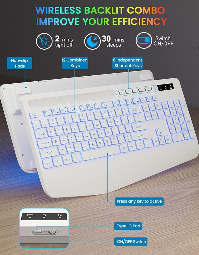Wireless Keyboard with 7 Colored Backlit, Wrist Rest, Phone Holder,
