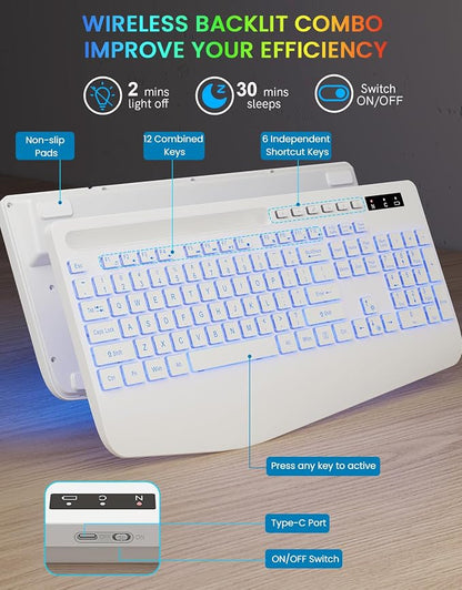 Wireless Keyboard with 7 Colored Backlit, Wrist Rest, Phone Holder,