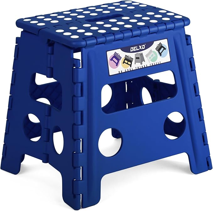 Delxo Folding Step Stool, 13 inch Non-Slip Foldable Stools for Kids & Adults Up to 300 LBS, Step Stool with Handle, Lightweight for Kitchen, Bathroom, Bedroom, Garden, Blue, 1PC