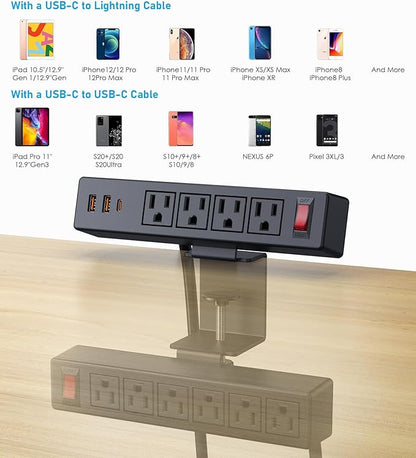 Dual Layer Desk Clamp Power Strip Surge Protector, Under Desk Power Strip