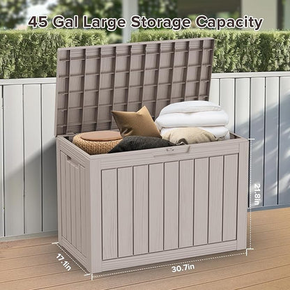 ROJIK Outdoor Storage Housing Deck Box - Waterproof Patio Furniture, Garden Tools, Cushions, Pool Accessories Storage Bench with Lockable Lid and Side Handles (Grey, 45 Gal)