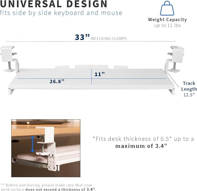 VIVO Large Height Adjustable Under Desk Keyboard Tray, C-clamp Mount System