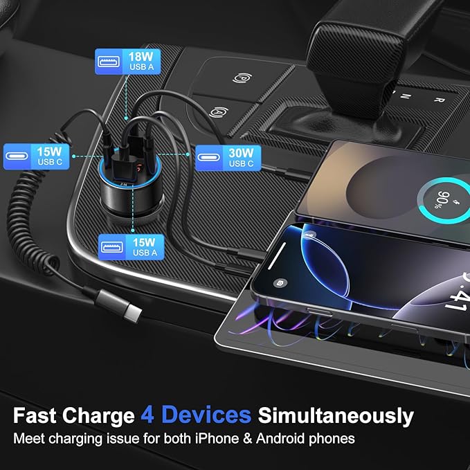 USB C Car Charger, 4-Port 65W Dual 12V USB-A & USB-C Car Phone Charger
