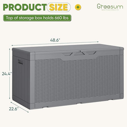 Greesum Outdoor Storage Box 100 Gallon Storage Bin with Lid for Patio Furniture, Garden Tools, Pool Supplies, Lockable, Waterproof and UV Resistant, Gray
