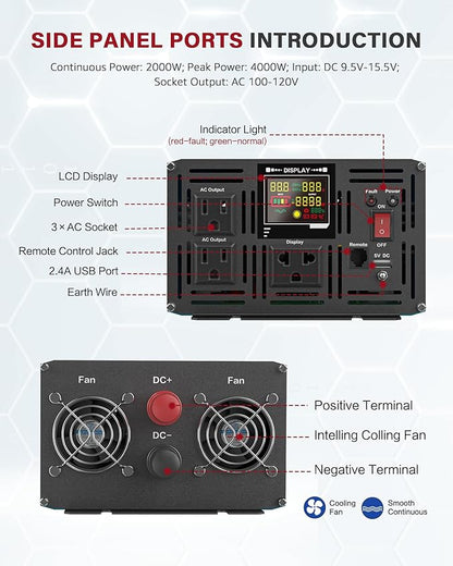 2000 Watt Inverter Pure Sine Wave DC 12V to 110V AC Power Inverters