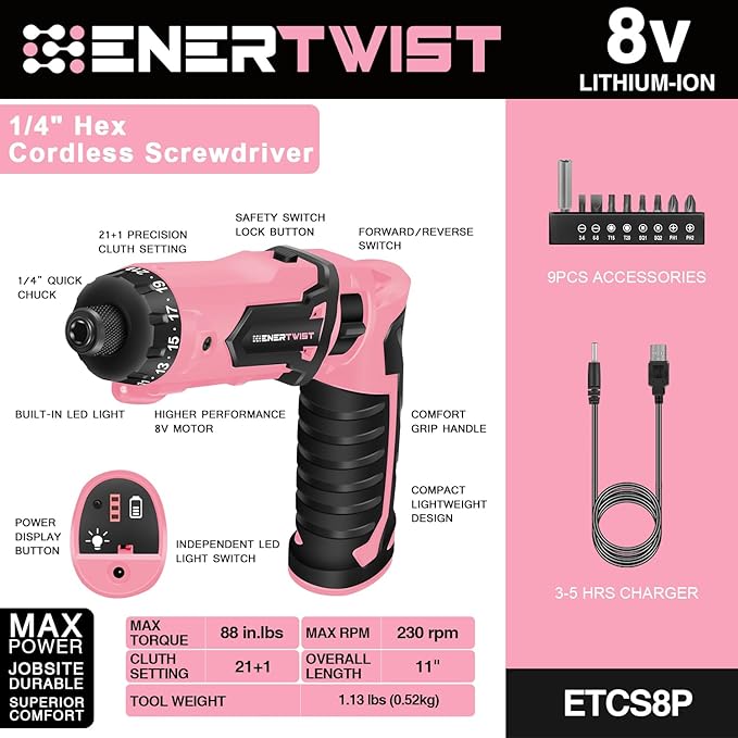Enertwist Electric Screwdriver, 8V Max 10Nm Pink Cordless Screwdriver