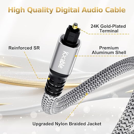 Optical Audio Cable 20 FT, Digital Audio Cable, Toslink Fiber Optic Cord