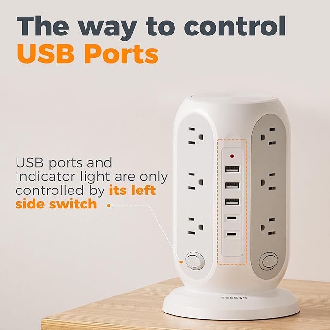 TESSAN Tower Power Strip with Individual Switches, Surge Protector with 12