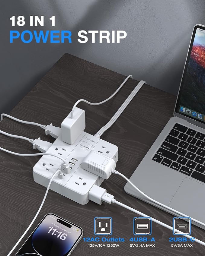 Surge Protector Power Strip 15 Ft Cord, HUNIAN Flat Plug Extension Cord