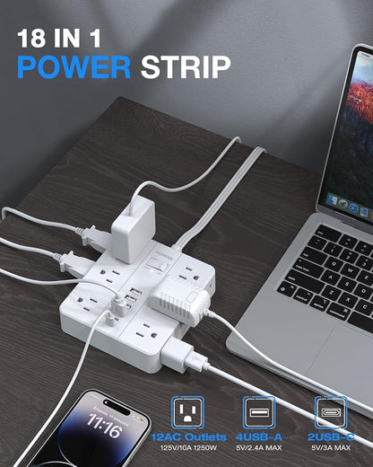 Surge Protector Power Strip 15 Ft Cord, HUNIAN Flat Plug Extension Cord