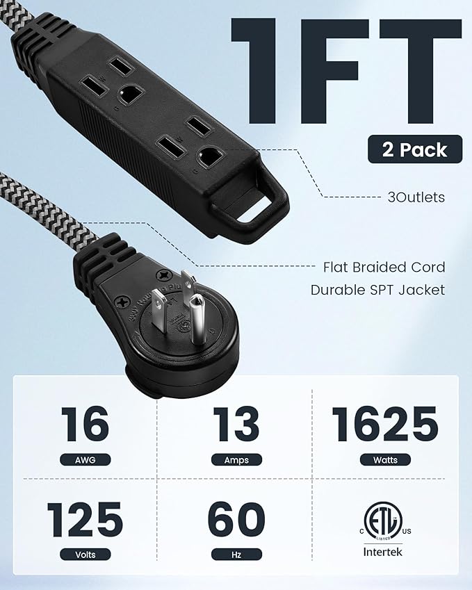 SURAIELEC 1FT 360° Rotating Flat Plug Extension Cord Flat Wall Plug