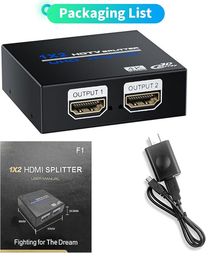 HDMI Splitter 1 in 2 Out 4K, 1x2 Powered HDMI Multi-Port Adapter