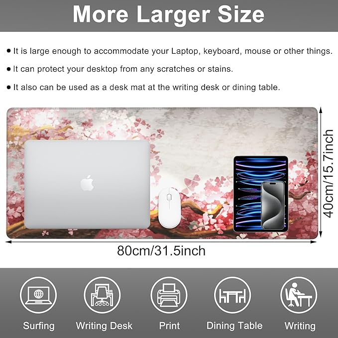 Mouse Pad, Large Blooming Sakura Desk Mat, Extended Non-Slip Gaming Keyboard
