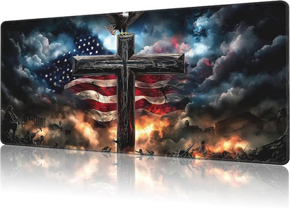 Mouse Pad Large A Cross with an Eagle Non-Slip Game Desk Mat with Stitched Edge