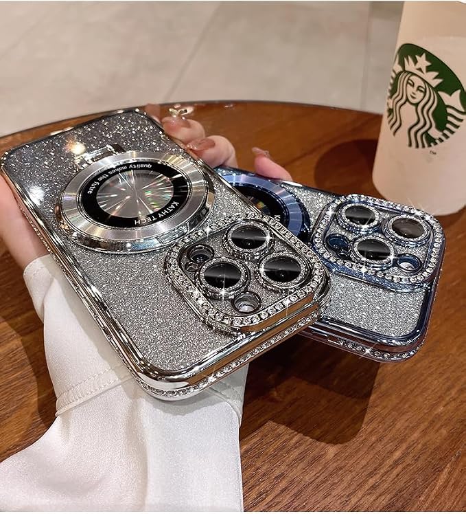 Magnetic Kickstand Case for iPhone 15 14 13 12 Pro Max Sparkling Diamond Cover
