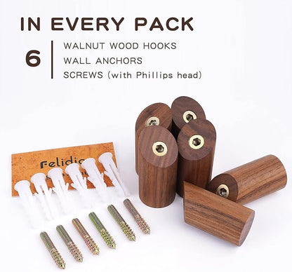 6 Pack Wood Hooks, Natural Coat Hooks Wall Mounted