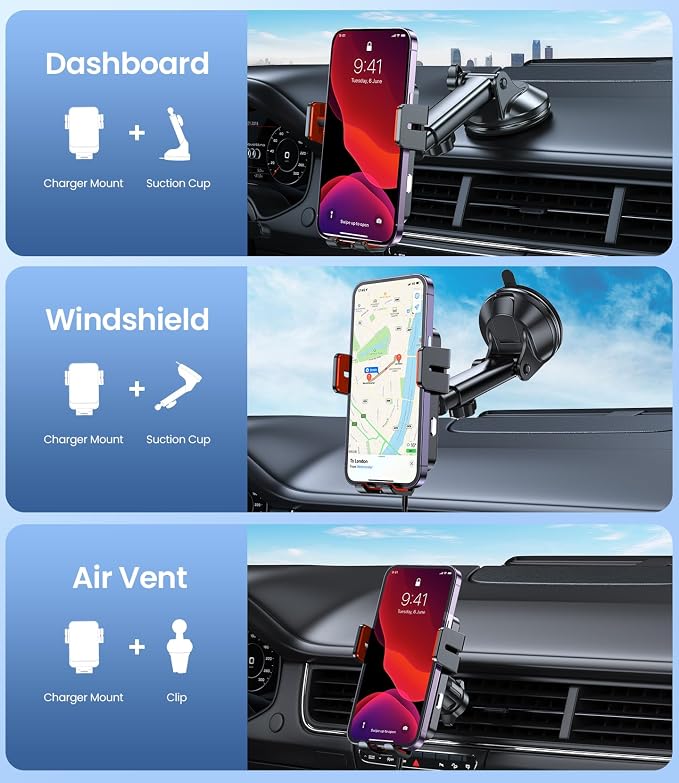Wireless Car Charger, MOKPR 15W Fast Charging Auto-Clamping Car Mount