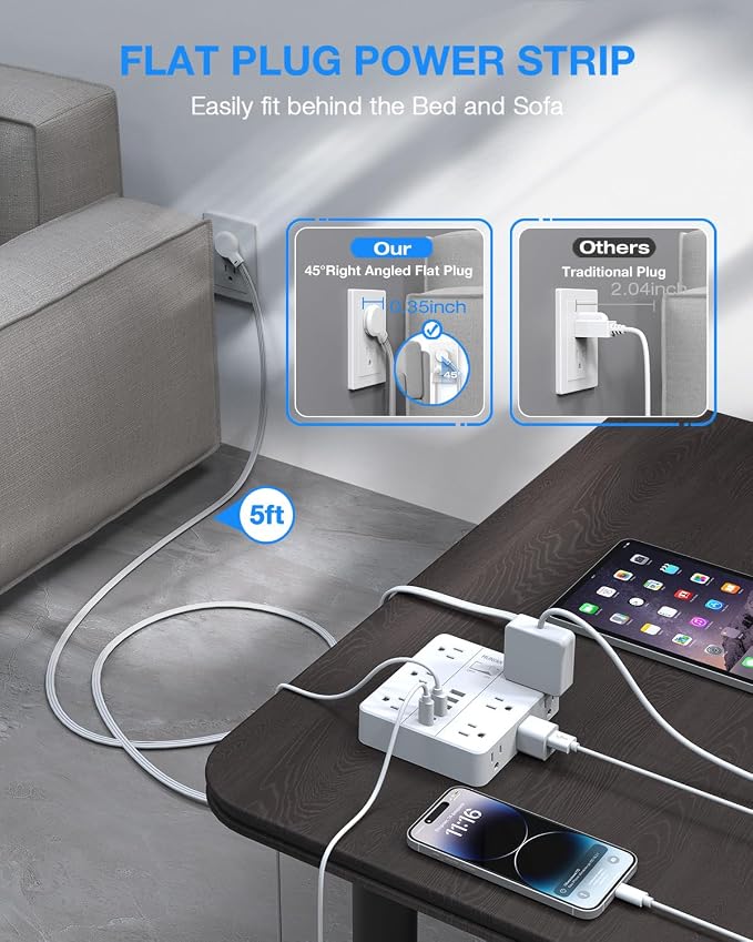 Surge Protector Power Strip 15 Ft Cord, HUNIAN Flat Plug Extension Cord