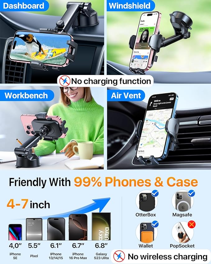 HTU 2025 Upgraded Car Phone Holder 【Safety Certs & No Smell】 Cell Phone Holder