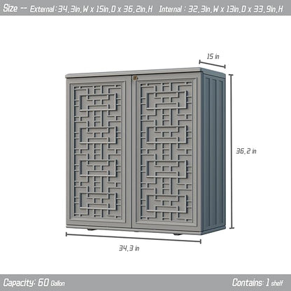 Indoor Outdoor Storage Cabinet Waterproof with Shelf,Plastic Storage Sheds Outdoor Cabinets for Patio/Garden/Backyard, Size 34.3''L*15''W*36.2''H（Gray）