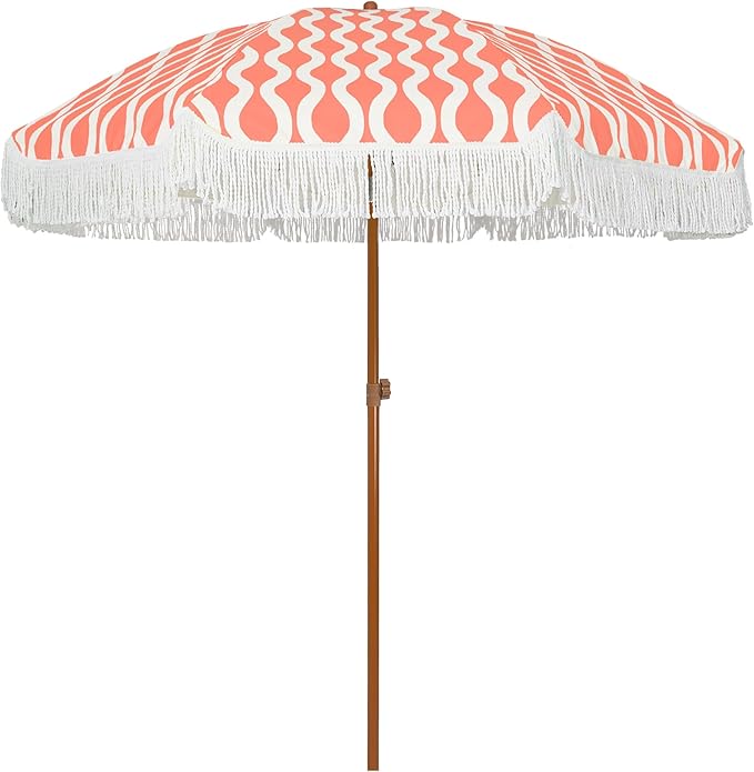 AMMSUN 7ft Patio Umbrella with Fringe Outdoor Tassel Umbrella UPF50+ Premium Steel Pole and Ribs Push Button Tilt, Wave Pink Champagne