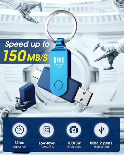 MOSDART 512GB Dual USB C Flash Drive, Speed Up to 150MB/S Type C 3.1 Thumb Drive
