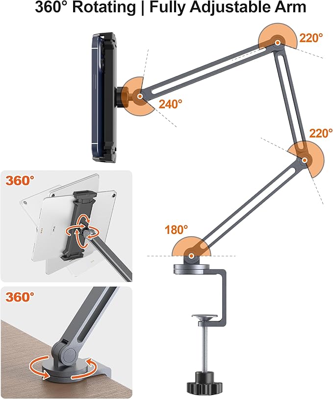Tablet Arm Mount with Super Grip, Adjustable Foldable Holder & Heavy Duty