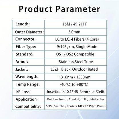 15M/49FT Outdoor Armored LC to LC Fiber Optic Cable, 4 Core OS2 Single Mode
